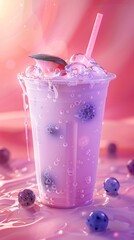 Taro bubble tea with tapioca pearls, refreshing milk tea, boba drink concept