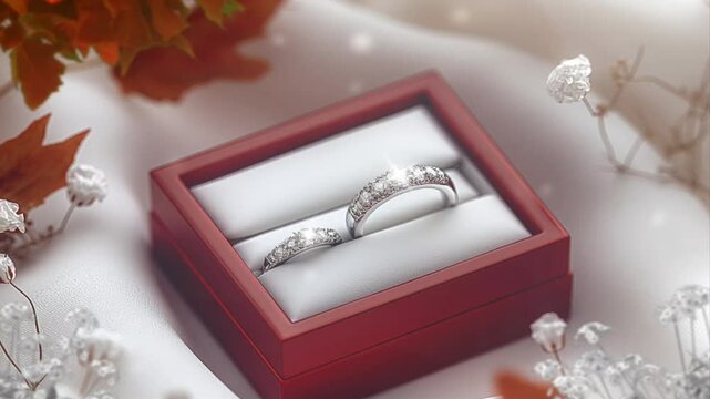 Close up of diamond ring with red jewelry gift wedding box, motion animation video background