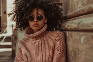 Stylish woman in sunglasses and pink sweater posing in urban setting