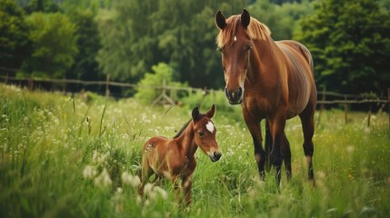 Fototapeta premium adorable horse and foal in a lush green field heartwarming animal family portrait