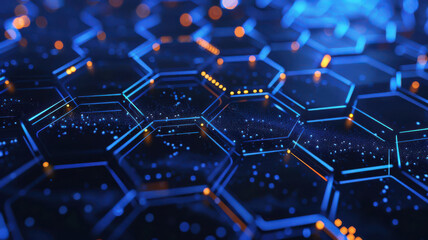 Intricate interconnected hexagons glowing elements forming a sophisticated geometric hi-tech digital background