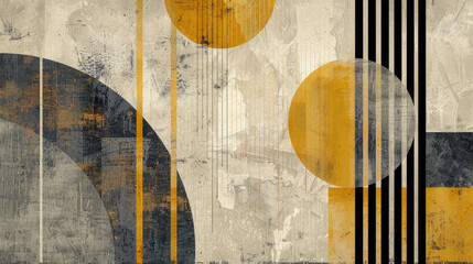 Abstract geometric shapes in grey, yellow, and black tones cover a textured surface. The composition features circles, lines, and arcs, creating a dynamic and balanced visual effect.