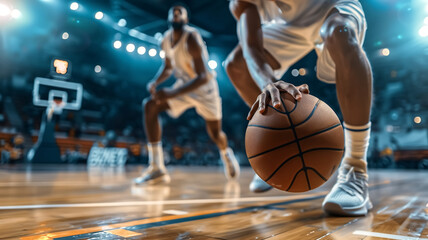 Intense Basketball Game Action Shot with Players Dribbling on Indoor Court Under Bright Stadium Lights