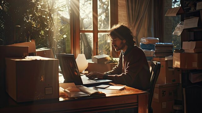 A young entrepreneur working diligently on their laptop at home, surrounded by unpacked boxes of merchandise from their online store. The warm sunlight streams through the window, 
