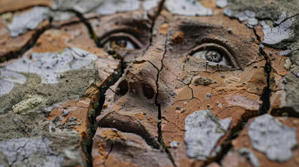 An intricate, weathered clay sculpture of a human face is fragmented by wide cracks, evoking a sense of decay and an arresting, somber expression.