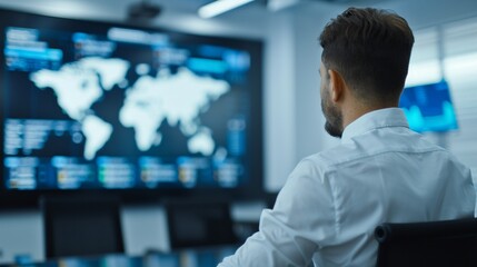 Event planner organizing the logistics for a corporate event, creating detailed schedules and coordinating staff, using a large screen, modern office, high clarity