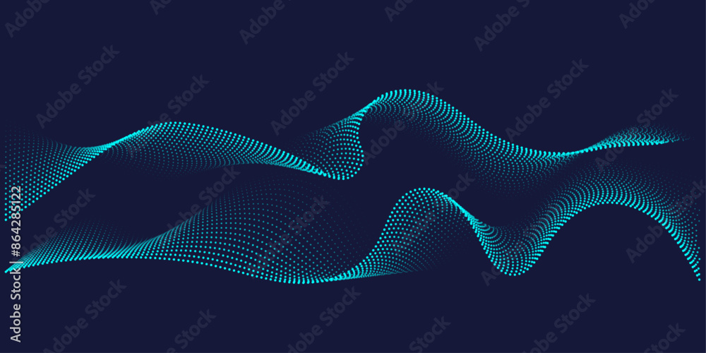 Aufkleber Flowing dots particles wave pattern in blue green colors. Vector curve light line. Abstract  background banner design for music, Ai technology, neural network concept 