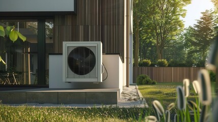 air source heat pump installed on exterior wall of residential building sustainable heating and cooling technology 3d render illustration