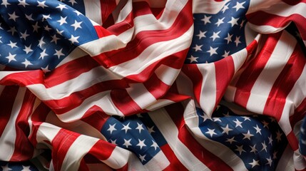 Crumpled American flags creating a vibrant and patriotic texture, symbolizing freedom, unity, and national pride.