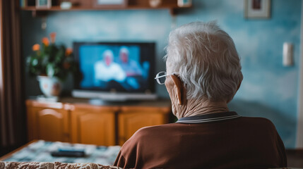 An elderly man watches TV while sitting on a sofa in the semi-darkness of a living room interior. View from the back.