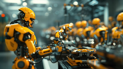 Fototapeta premium Yellow robots lined up in futuristic factory assembly line, showcasing advanced automation technology and industrial robotics.