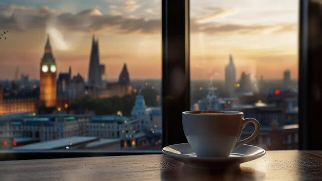 a cup of coffee on a table next to the window with the city of London in the background. Seamless looping 4k video animation