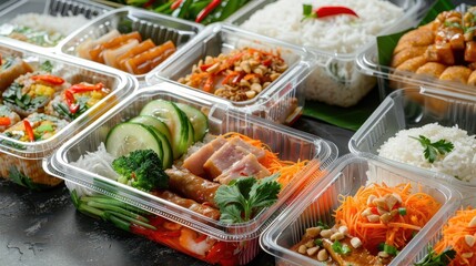 Fototapeta premium assorted thai lunch boxes in clear plastic packaging modern food photography