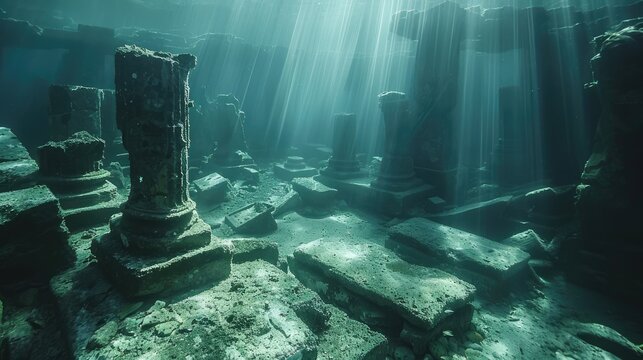 Sunbeams illuminate an underwater city, with stone pillars and structures visible through the clear water.