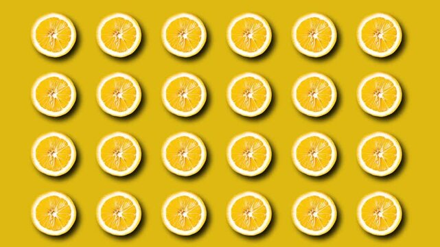 Lemons pattern in a rotating animation with shadows and yellow background. Represents citrus freshness in a cheerful and dynamic design, ideal for decorations and backgrounds
