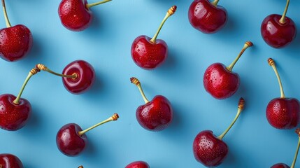 Red Cherries Pattern on Blue Background, Top View