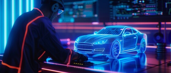 Futuristic mechanic diagnosing mechanical issues on a hover car, using a floating holographic diagnostic tool, neon blue lighting, hightech garage, sharp clarity