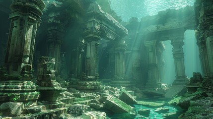 Sunbeams illuminate an underwater temple, its pillars and arches overgrown with algae.