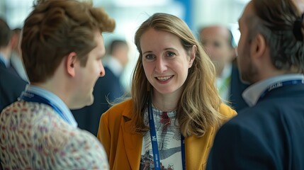 Obraz premium Delegates networking at conference drinks reception, group of business people talking at networking event sharing and discussing new innovation at business conference.