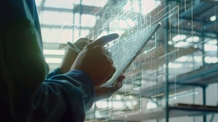 Engineer and architect analyze project under construction with new technology and innovation on digital tablet and network of construction icons on futuristic virtual interface.