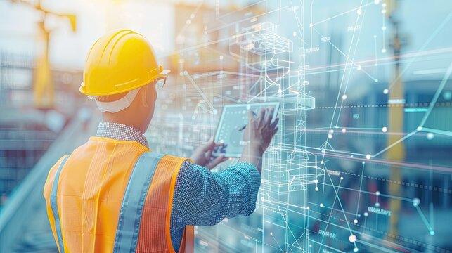 Engineer and architect analyze project under construction with new technology and innovation on digital tablet and network of construction icons on futuristic virtual interface.