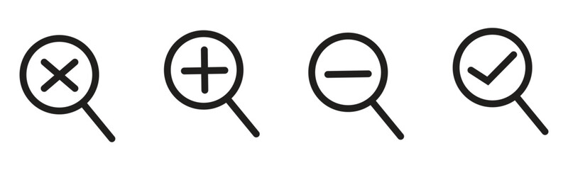 Magnifying glass icon set, explore icon set, zoom in zoom out icon set in trendy flat style illustration isolated on white background.