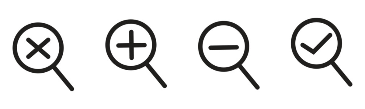 Magnifying glass icon set, explore icon set, zoom in zoom out icon set in trendy flat style illustration isolated on white background.