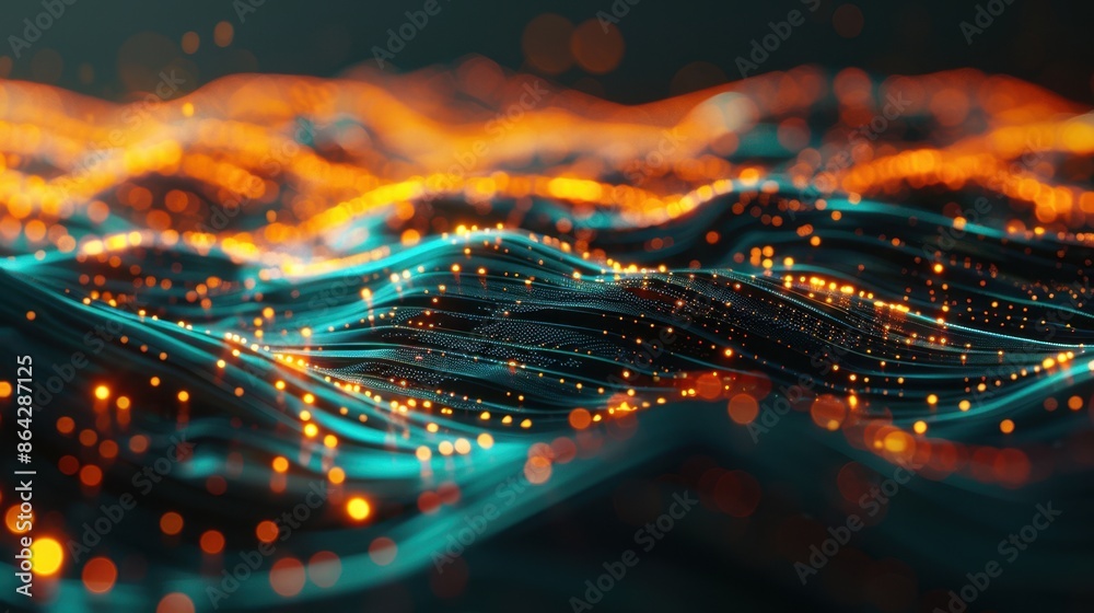 Wall mural abstract digital wave pattern with glowing orange and teal lights, representing data flow and futuri