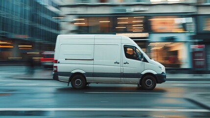 White delivery van driving through a city street on a rainy day. Motion blur effect symbolizes speed and efficiency. Urban transportation concept in modern digital art style. AI