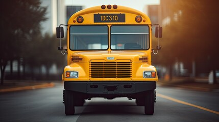 Front view of a yellow school bus.