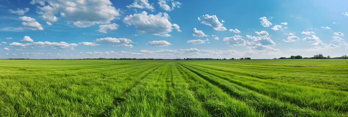 Panoramic view lush green field under bright blue sky with white clouds perfect agricultural land scenic countryside open meadow rural landscape farming environment nature photography