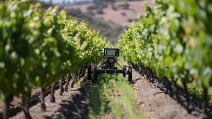 A robot navigating through vineyard rows, equipped with technology for autonomous farming and precision agriculture on a sunny day.
