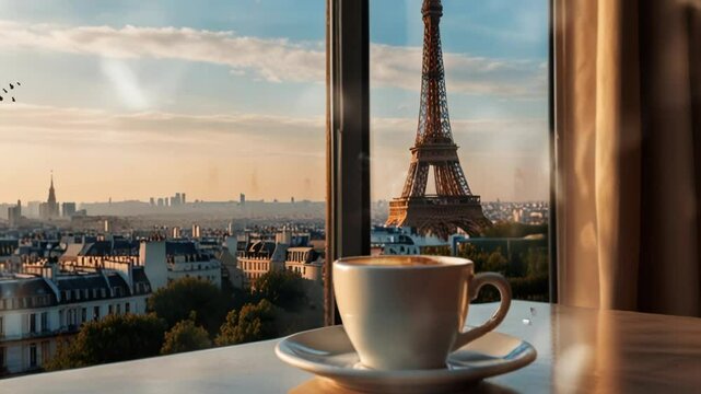 cup of coffee on a table next to the window with a view of the eiffel tower, paris. Seamless looping 4k video animation