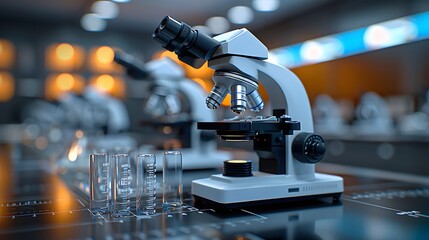 Close-up of a modern microscope in a laboratory setting with glass test tubes, essential for scientific research and discovery.