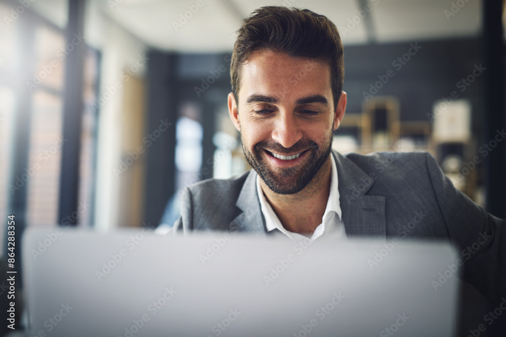 Poster business, thinking and man with laptop, smile and corporate professional with wonder, problem solvin