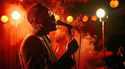 Male jazz singer sings jazz songs on stage at night in jazz club. that makes a difference.