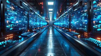 Futuristic data center with glowing servers and advanced technology showcasing high-end computing power and data management systems.