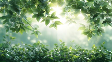 Naklejka premium Lush green foliage with sunlight streaming through leaves, showcasing a vibrant and serene nature scene in the forest.