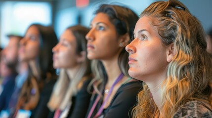 Obraz premium captivated conference audience candid shot of engaged attendees listening to speaker photo ai