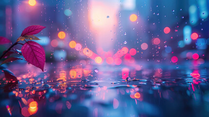 Close-up of raindrops falling on a leaf with blurred city lights in the background.