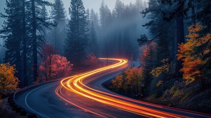 Winding Forest Road with Light Trails and Autumn Foliage