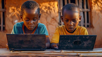 Two African primary school children Residents of rural areas and rural schools Elementary school children studying online using laptop computers for education.
