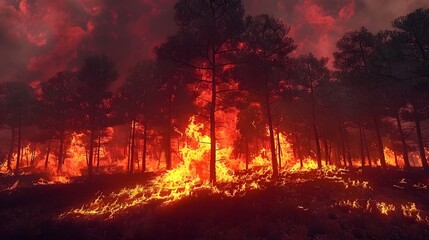 Vivid image of a forest fire amidst tall trees with raging flames and smoke under a dramatic sky, showcasing the power of nature.