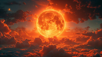 Fiery orb amidst clouds during twilight