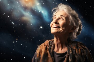 Portrait of a satisfied woman in her 70s dressed in a breathable mesh vest in front of backdrop of starlit galaxies