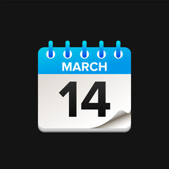 Calendar vector illustration on black background showing date of 14 march