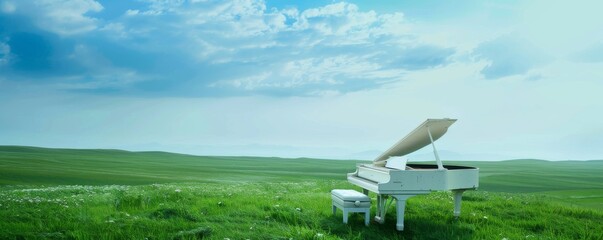 Beautiful white glossy piano positioned in the center of a green field.
