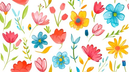 Vibrant Floral Pattern with Colorful Blooming Flowers and Botanical Elements