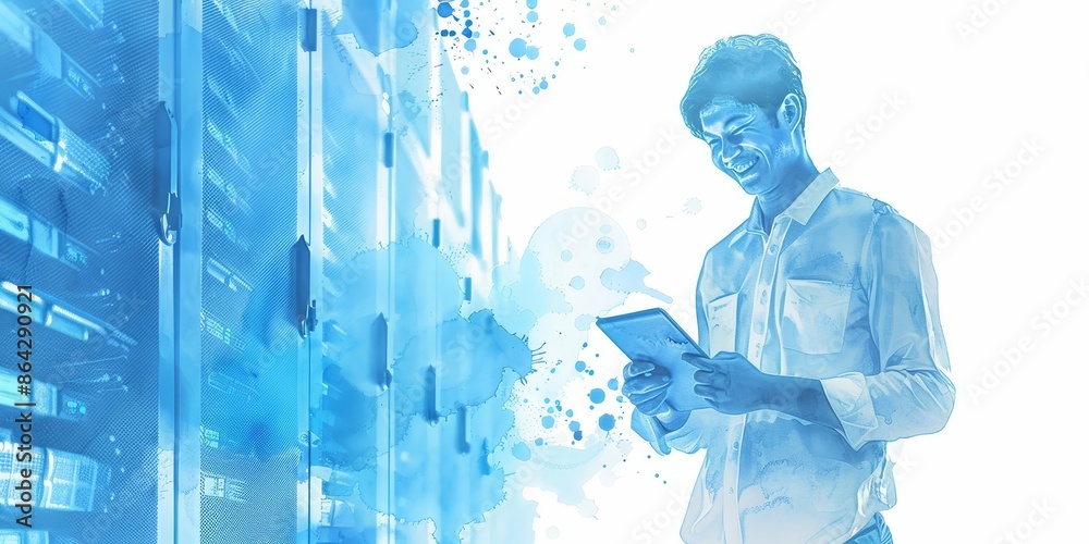 Poster IT professional using a tablet in a data center, highlighting modern technology, digital infrastructure, and network management in a professional setting, Generative AI