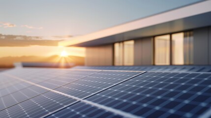 Obraz premium Realistic solar panels on a modern home's rooftop, showcasing sustainable energy solutions under a clear sky, perfect for promoting eco-friendly living
